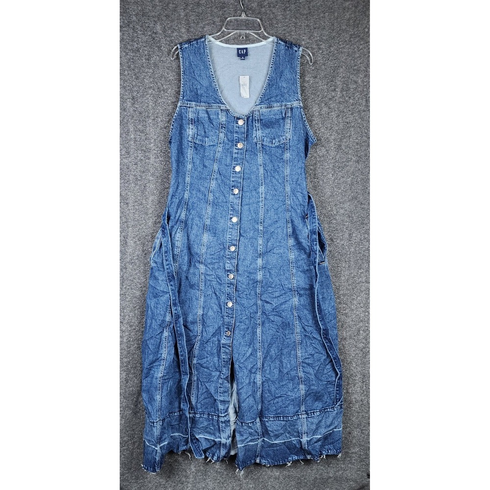 Gap Dress Womens XL Denim Midi Button Front Blue Raw Hem NEW - Picture 1 of 7